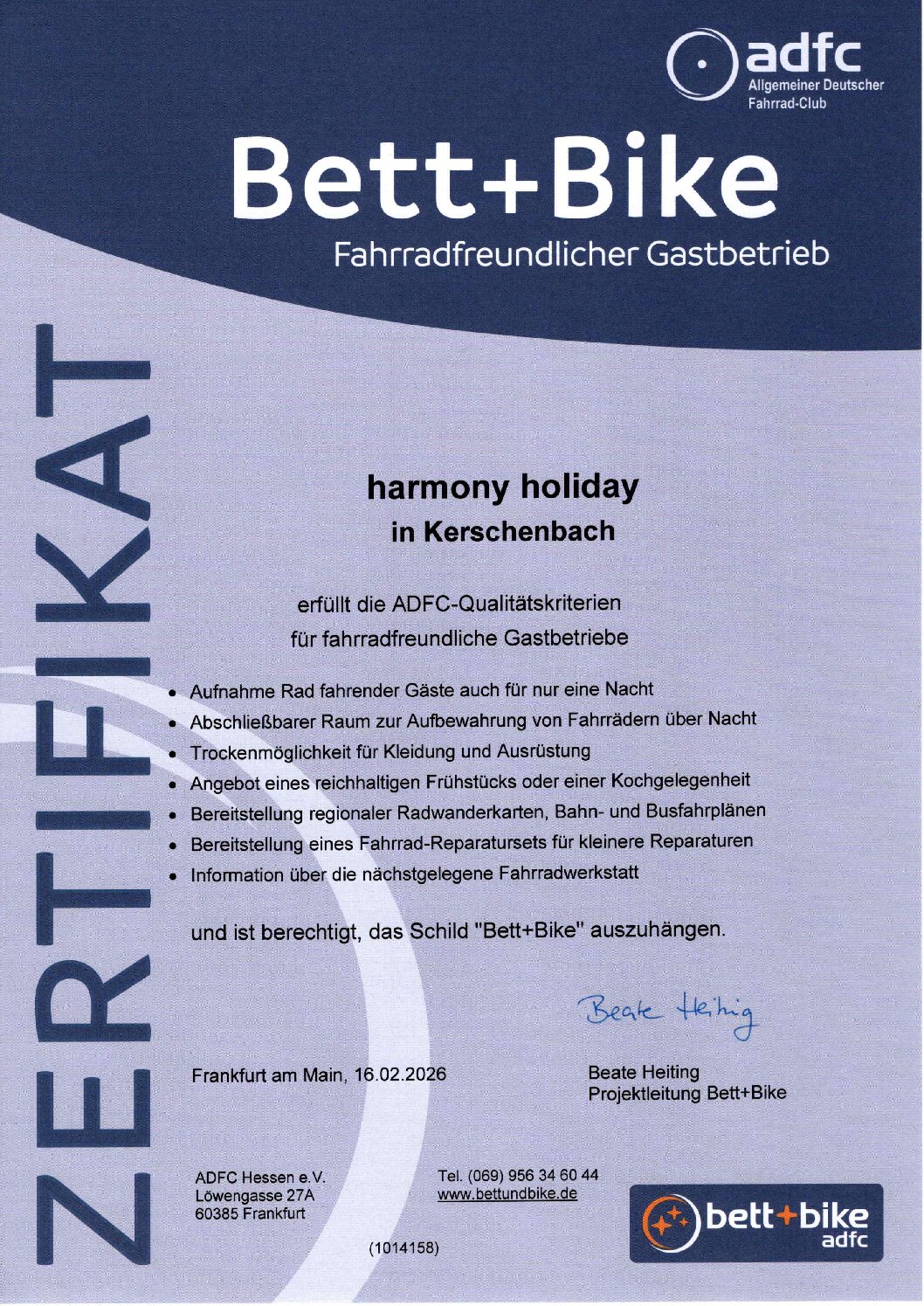 Bed+Bike Zertifikat